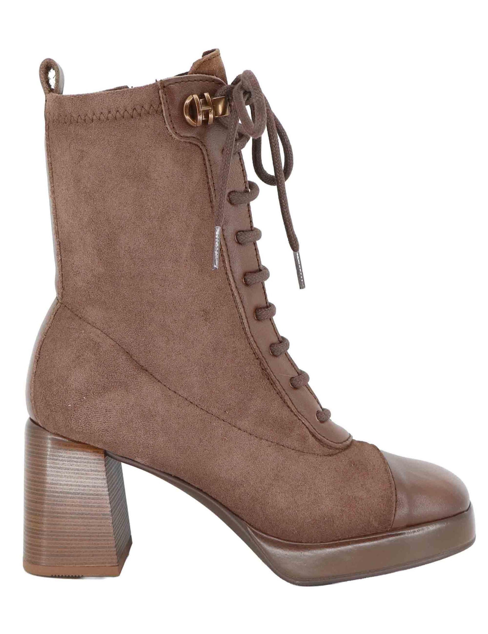 Stivaletti donna in pelle e tessuto marrone con tacco alto HI254231 C005 Hispanitas 