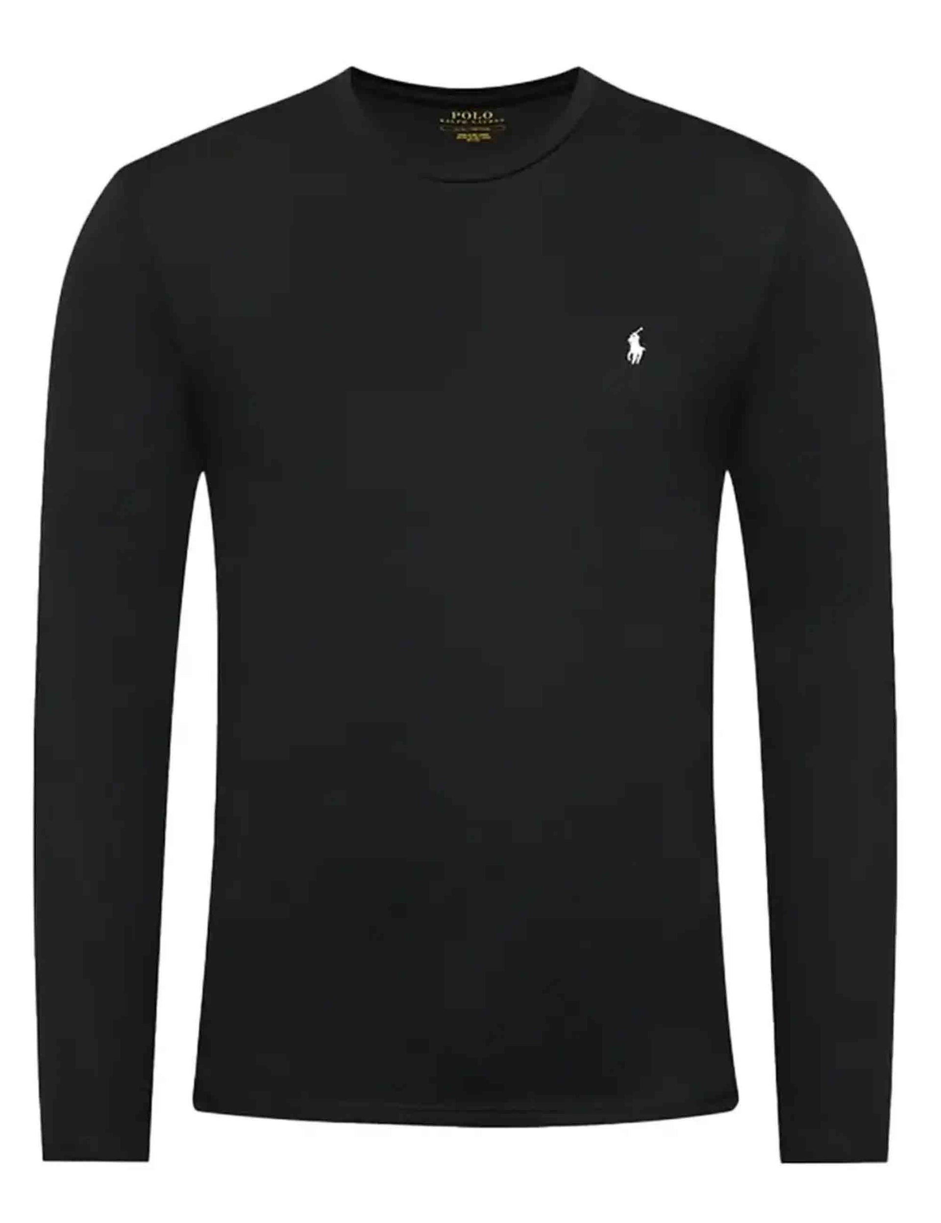 T-shirt uomo Crew in cotone nero con logo ricamato e maniche lunghe 714844759001 POLO BLACK Polo Ralph Lauren 