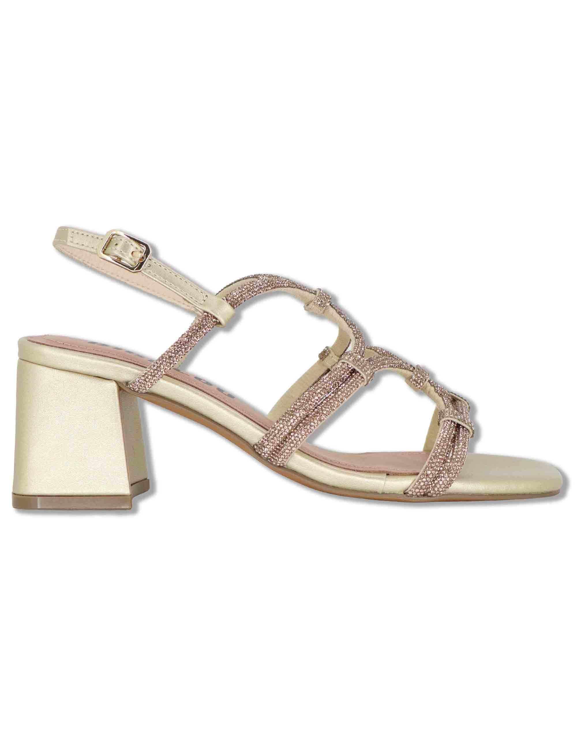 Sandali donna in pelle oro con strass e tacco medio Quail 958Z00HG 04-ORO Bibi Lou 