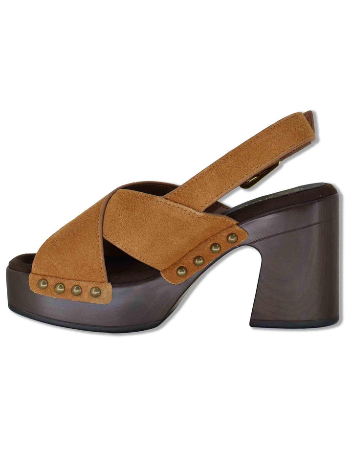 Sandali donna slingback in pelle cuoio con zeppa alta in legno OBRA BS NEW CUOIO Unisa 