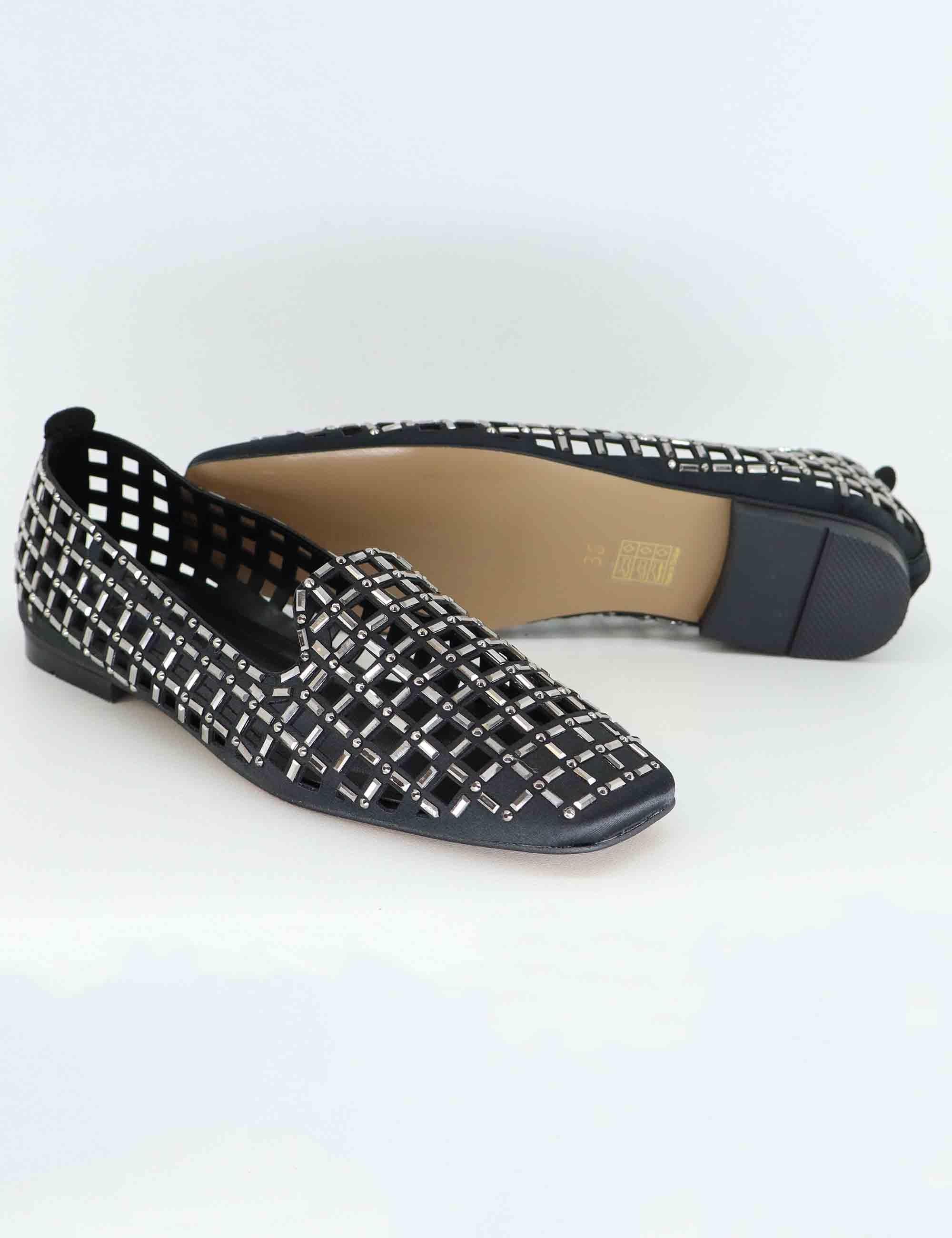 Mocassini donna in tessuto nero con strass U128B090109F SMP09 Exe 