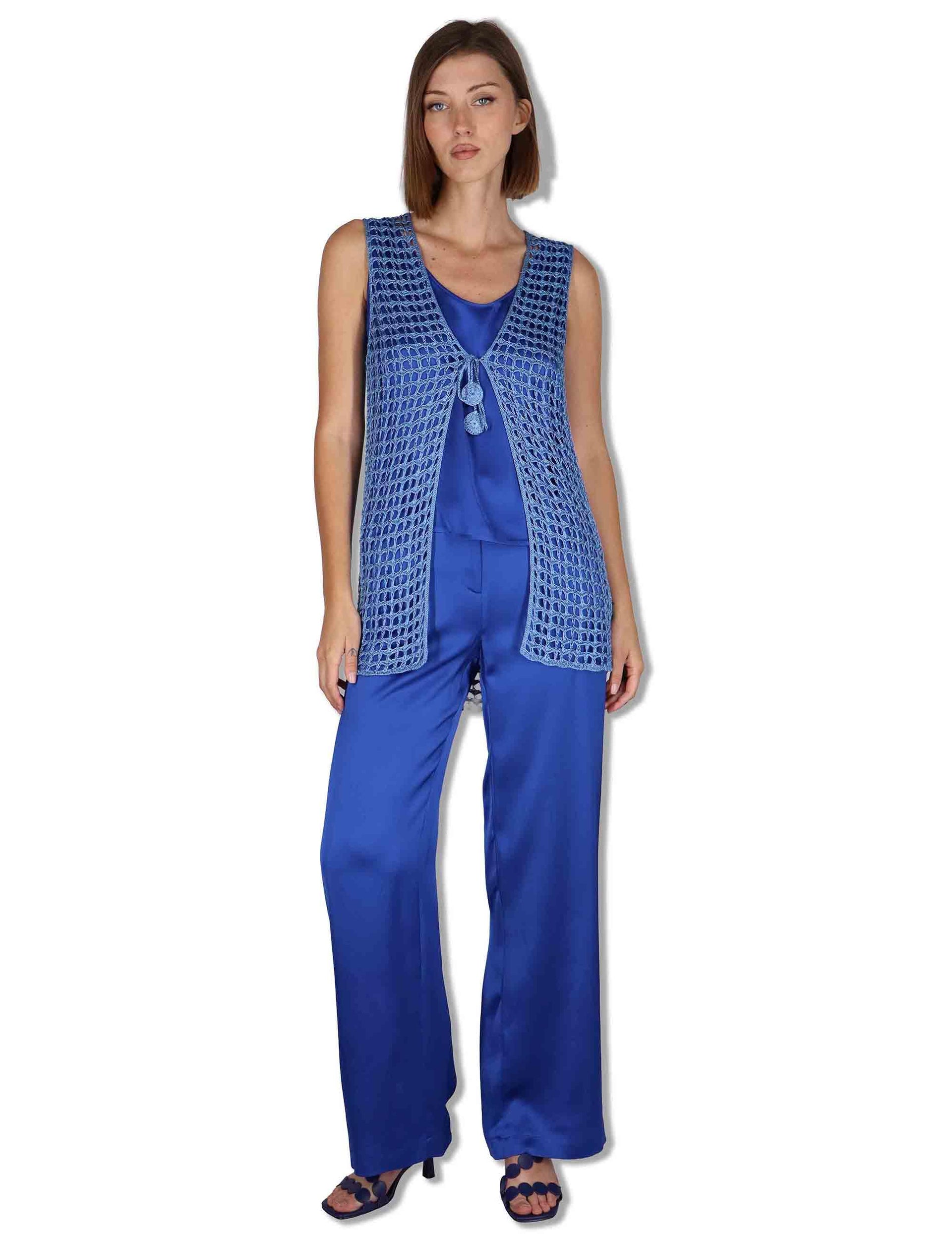 Gilet donna Metallic Lurex in cotone blu e argento con nappine JE113078213 96009 Maliparmi 