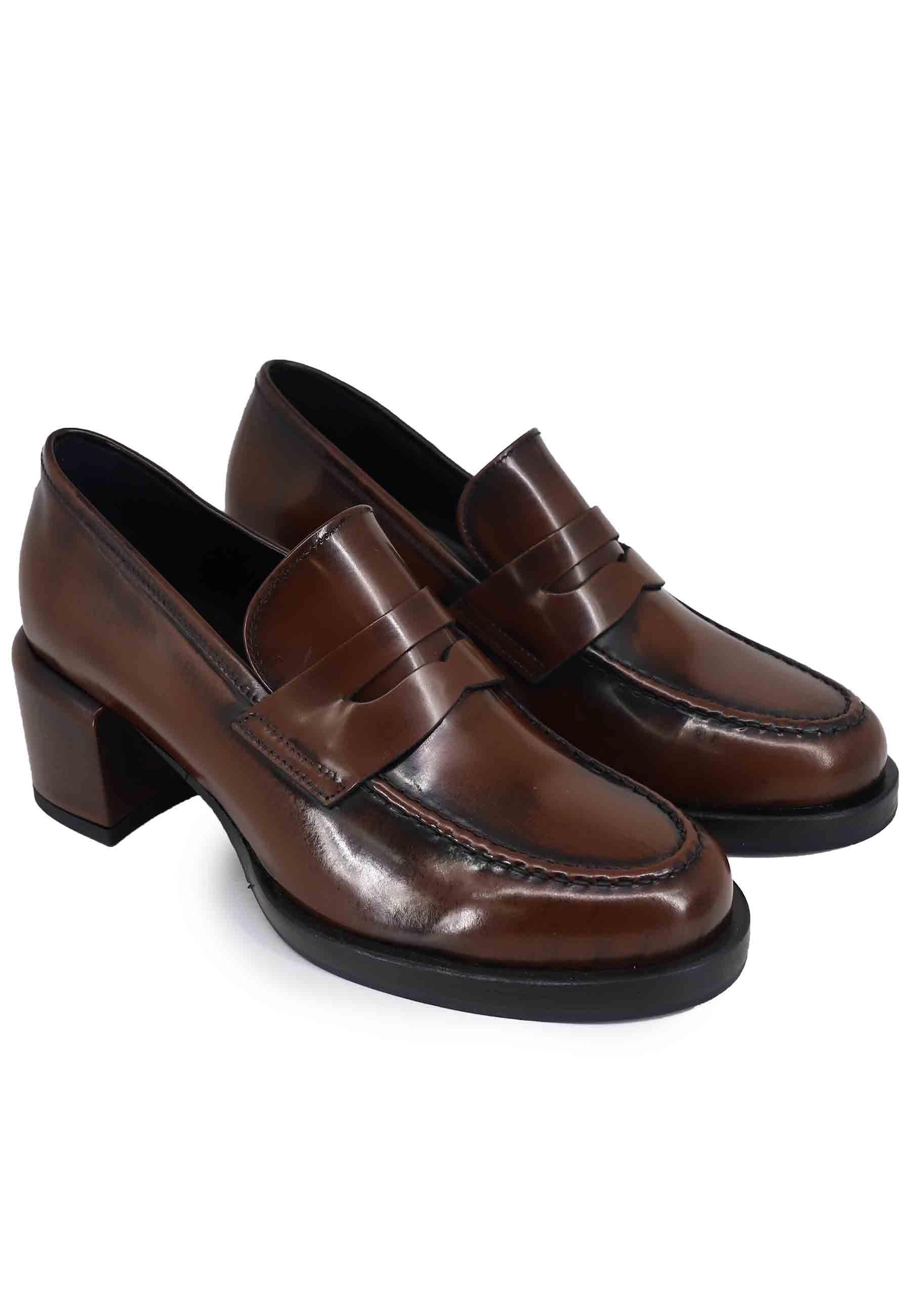 Mocassini donna in pelle marrone con tacco in pelle e punta tonda SMA23 012 Poesie Veneziane 