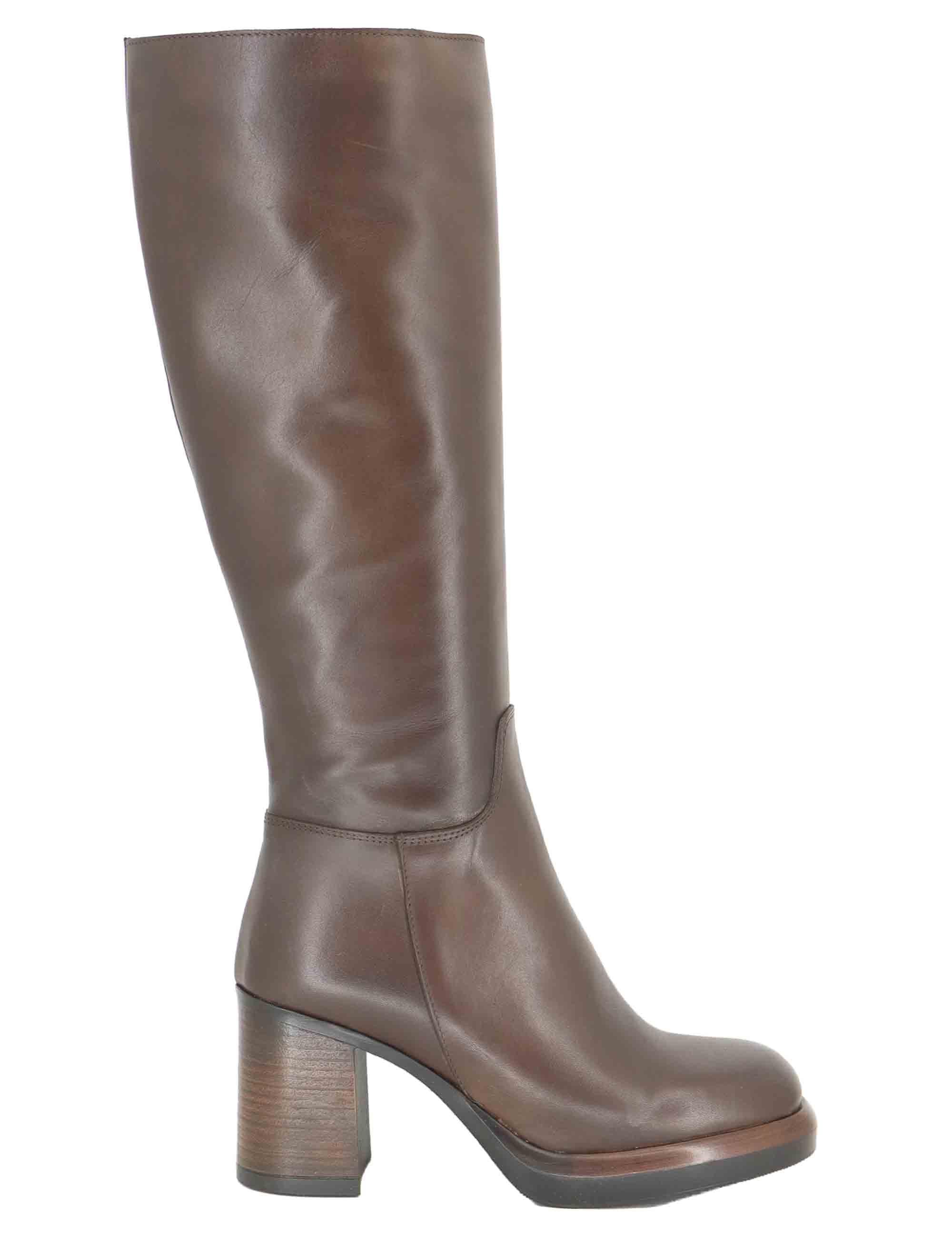 Stivali donna in pelle marrone con con tacco alto e plateau SPST7012 014 Spatarella 