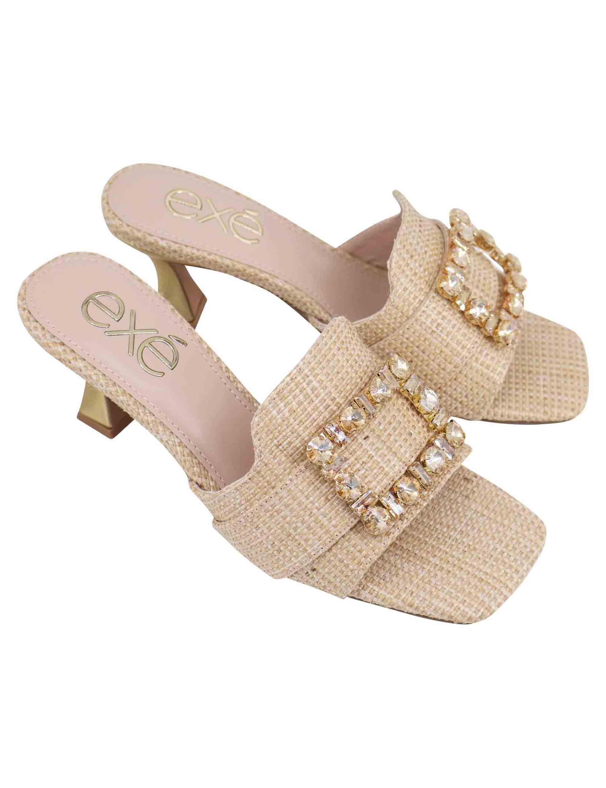 Sandali donna in tessuto rafia beige con morsetto e tacco oro S470056344A3 LUCIA 536 Exe 