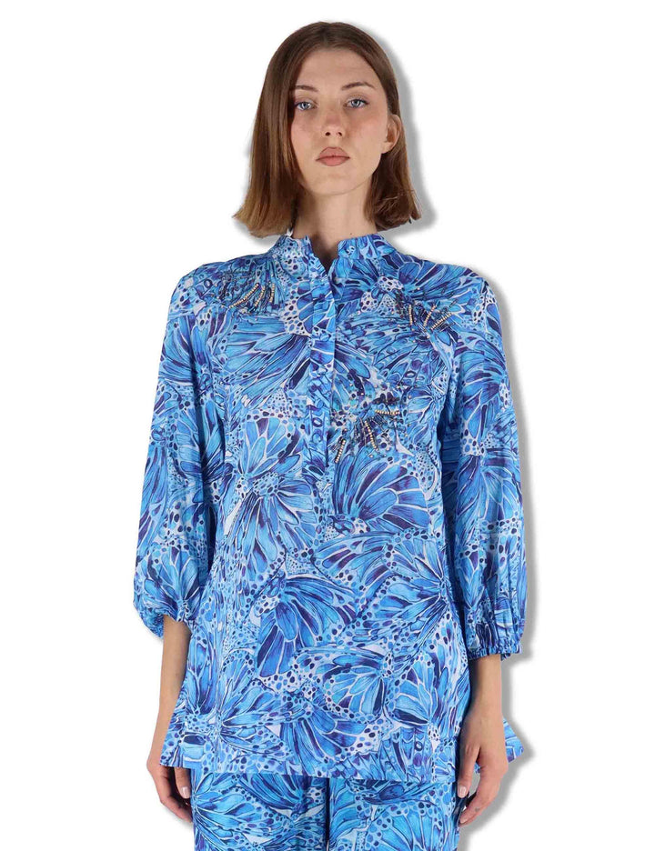 Camicie donna Sweet Butterfly in cotone stampato azzurro maniche 3/4 JM557415217 A8186 Maliparmi 