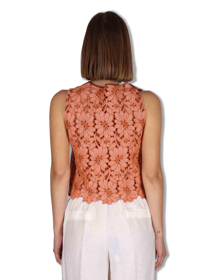 Gilet donna in macrame rosso ricami floreali e nappine JABGI0001-F1504-1251 2102 Justmine 