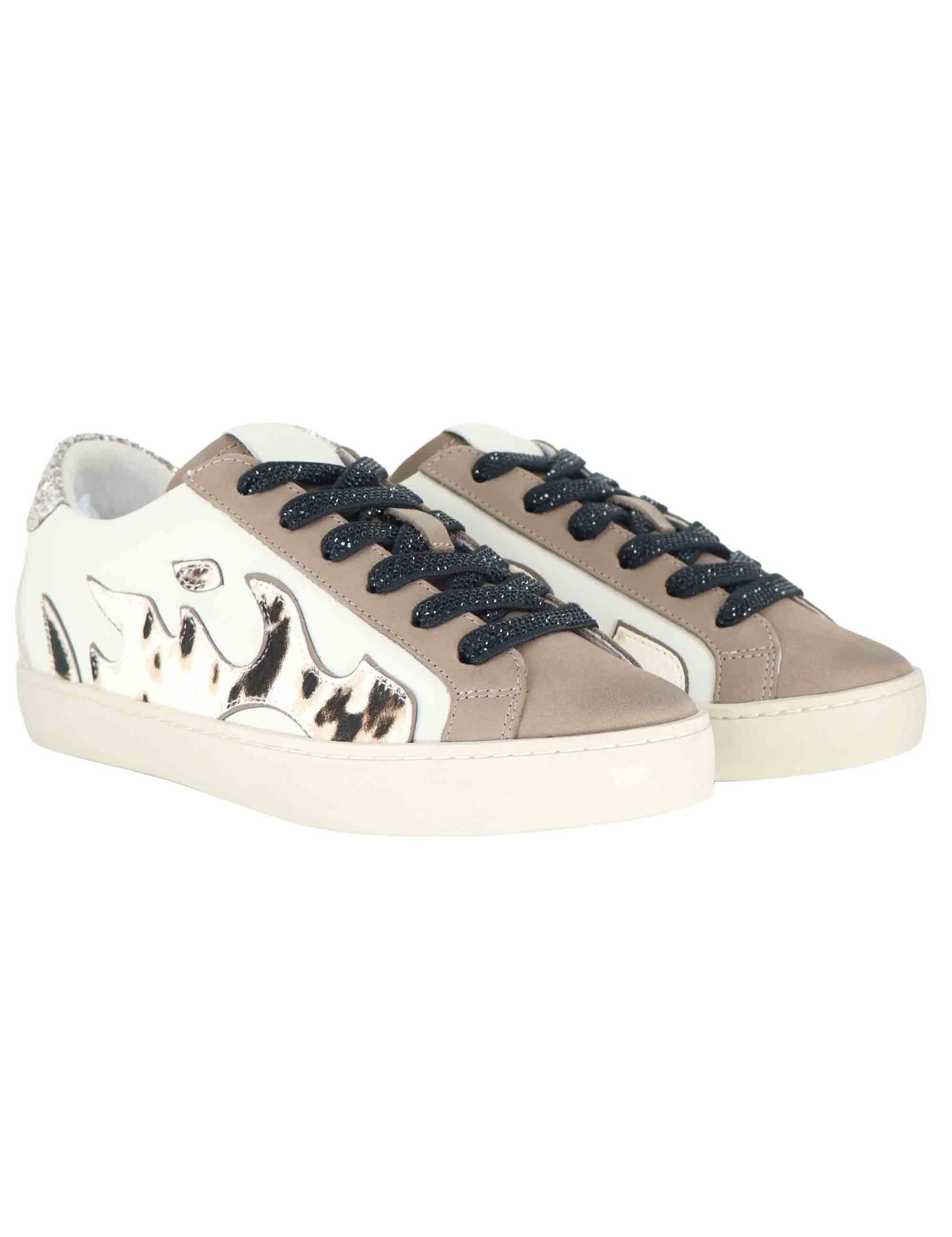 Sneakers donna in pelle off white con logo animalier D0196S10 95 Gamin 
