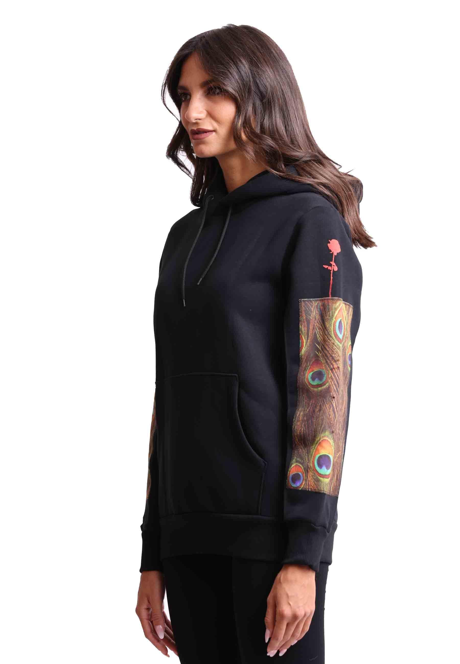 Felpa donna con cappuccio in tessuto nero e stampa in seta HOODIE PAVONE Bastille 