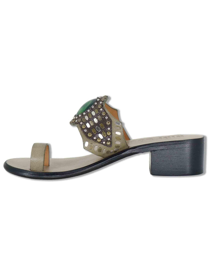 Sandali donna infradito in camoscio taupe con pietre e tacco medio in cuoio Teak 979Z88KW 70-VERDE Bibi Lou 