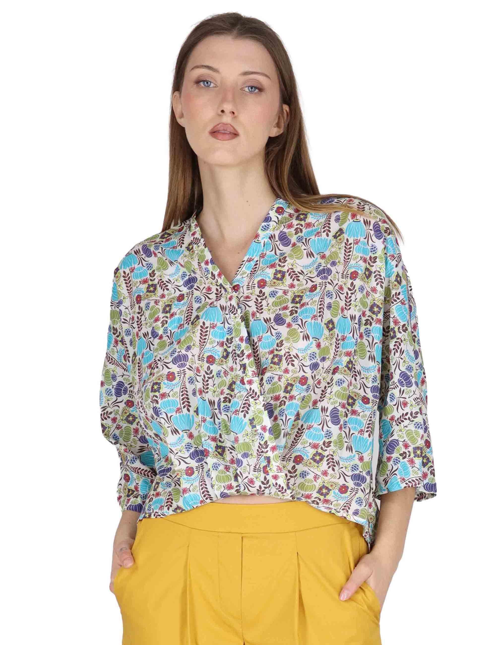 Camicie donna Batwing Shirt with Ribbon in cotone turchese a fantasia JABCM0001-F1491-1229 6005 Justmine 