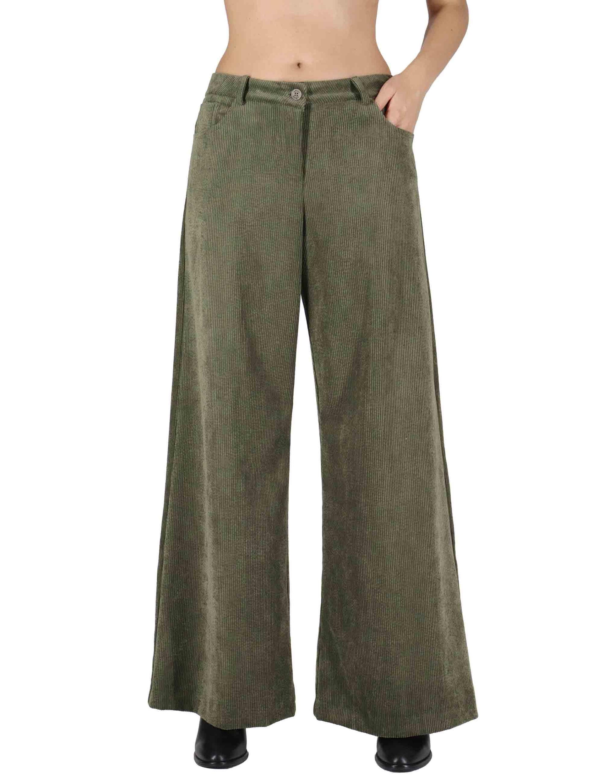 Pantaloni donna in velluto verde con vita alta e gamba larga JABPN0025-F1233 7020 Justmine 