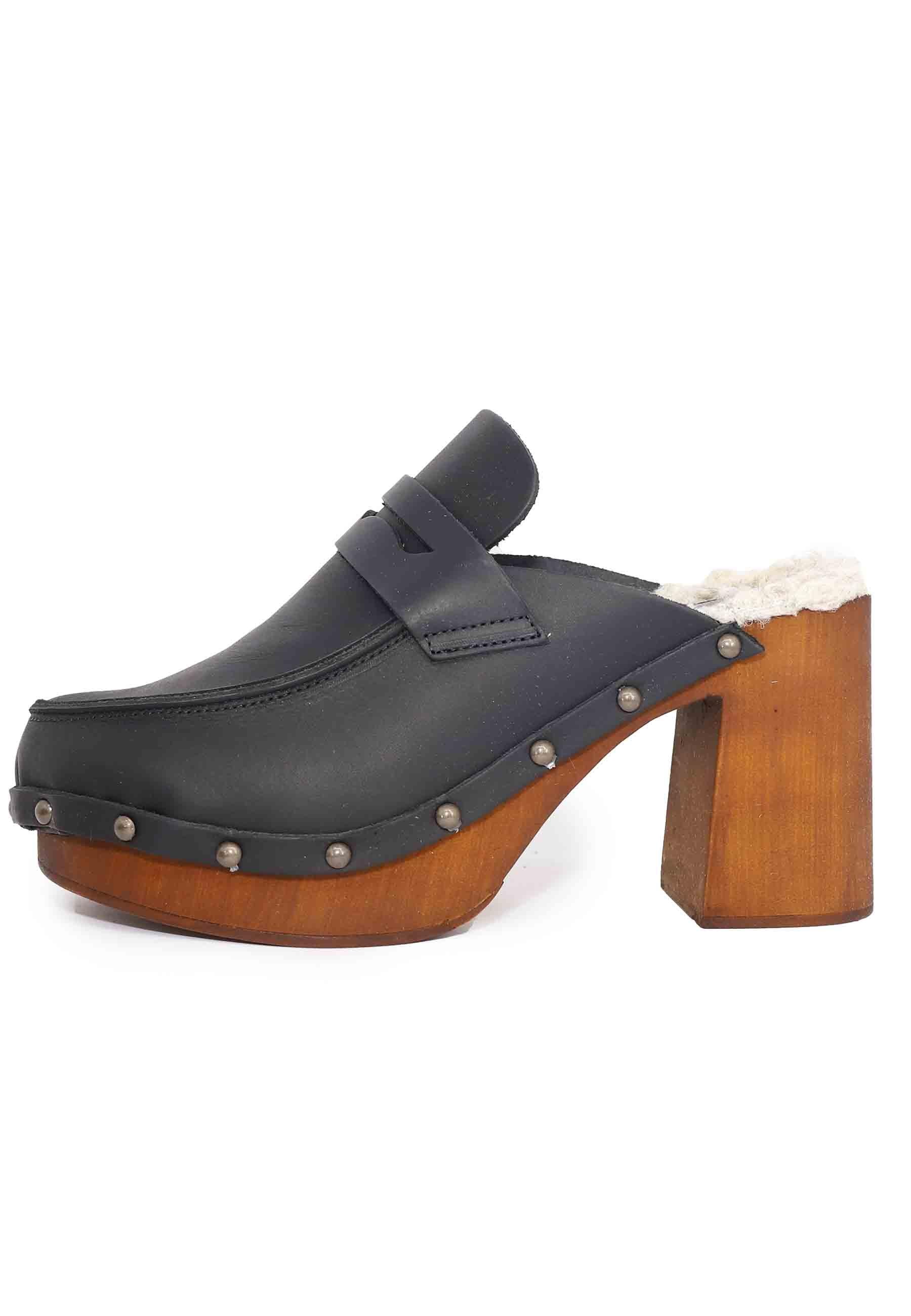 Zoccoli donna in pelle nera con sottopiede in eco fur e tacco alto 8852 001 Glove 