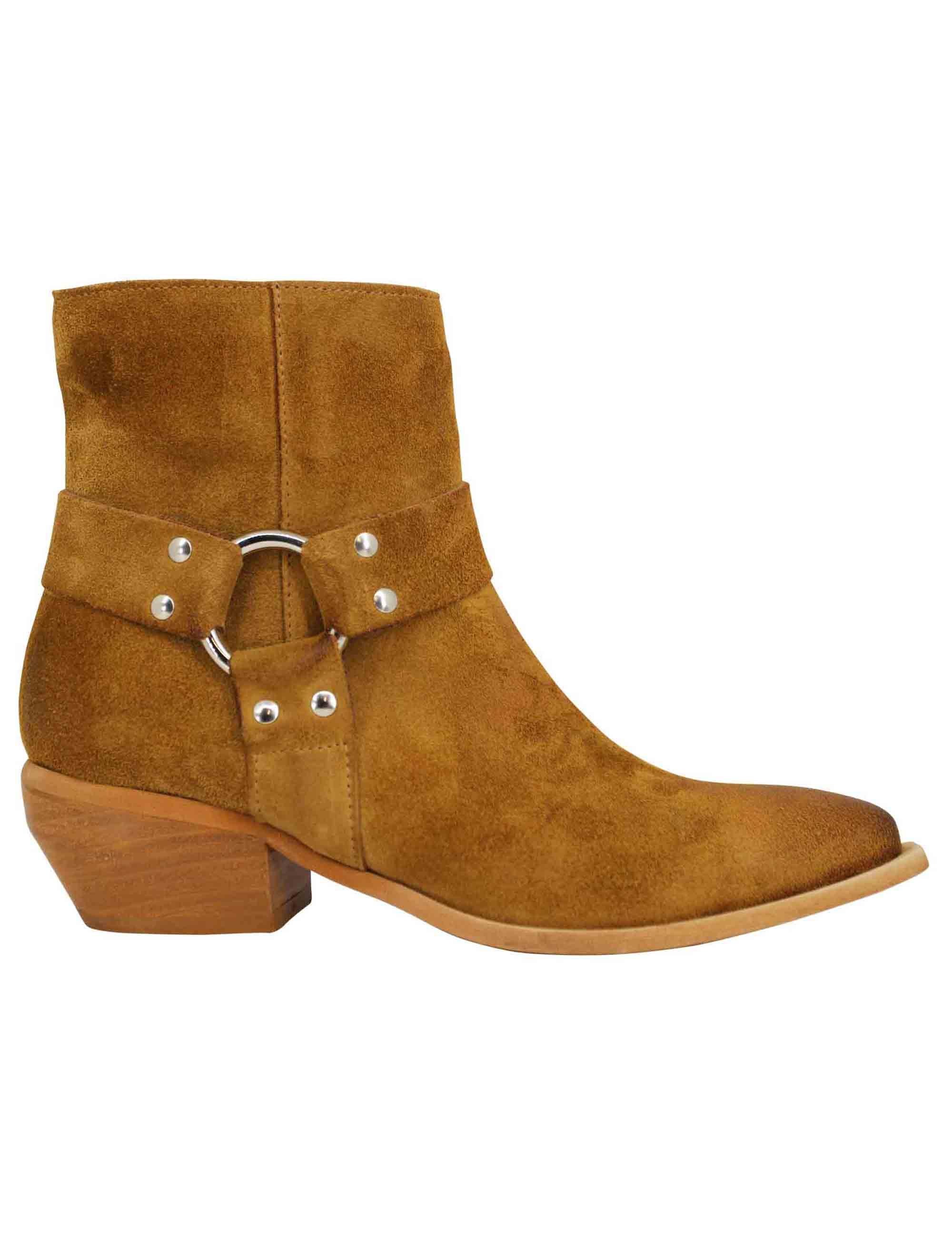 Stivaletti texani donna in camoscio cuoio vintage con accessorio laterale SPELENA 50 014 Spatarella 