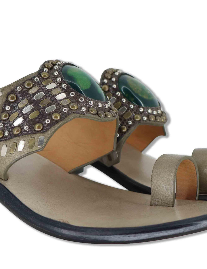 Sandali donna infradito in camoscio taupe con pietre e tacco medio in cuoio Teak 979Z88KW 70-VERDE Bibi Lou 