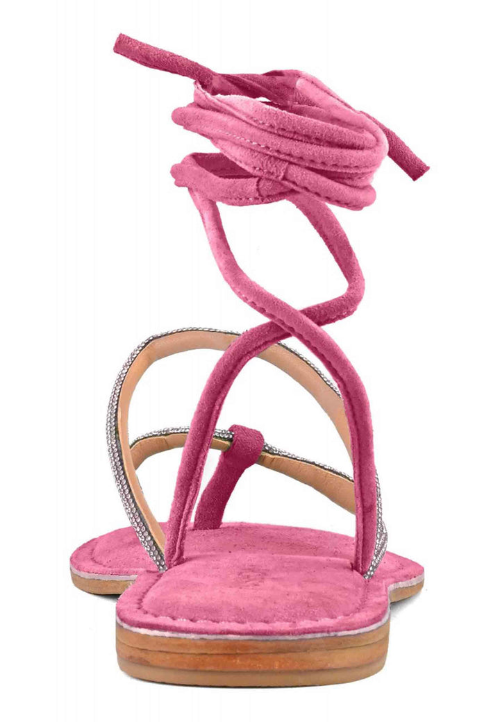 Sandali flat donna infradito in camoscio fuxia con strass e lacci alla caviglia 223019 FUX Coral Blue 