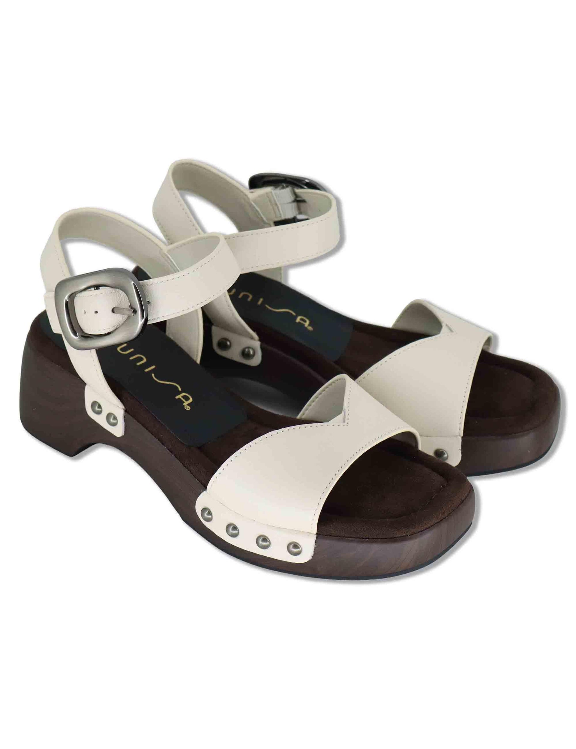 Sandali donna in pelle off white con zeppa bassa in legno INCA GRA IVORY Unisa 