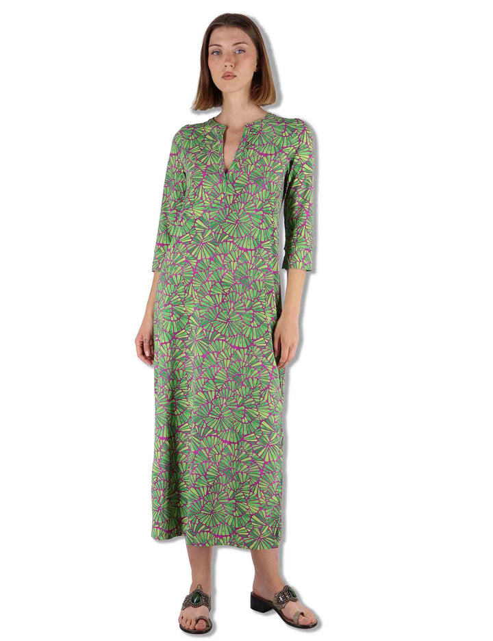 Abiti lunghi donna Shell in tessuto stampato verde con maniche a 3/4 JF667370672 A5032 Maliparmi 