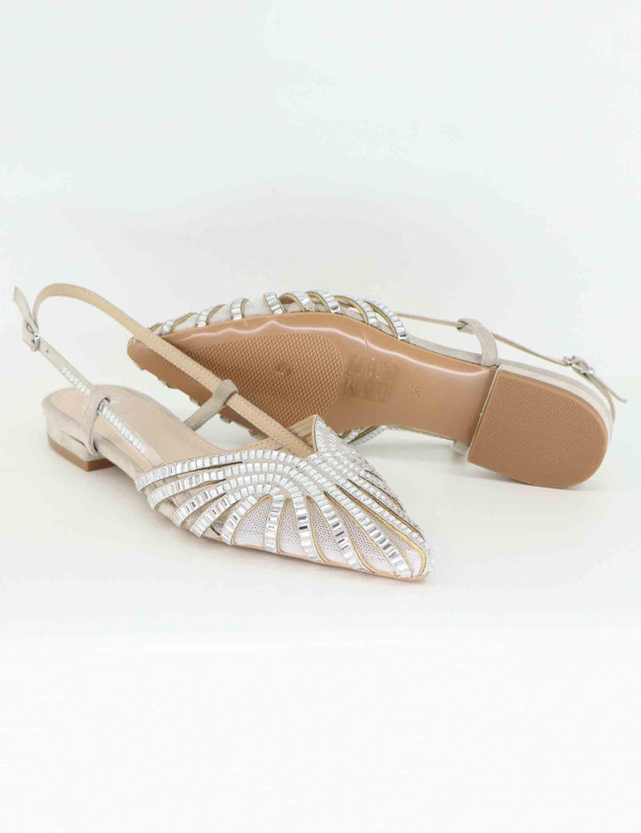 Slingback donna in tessuto argento con strass e tacco basso U470024418A0 D240G-99 Exe 