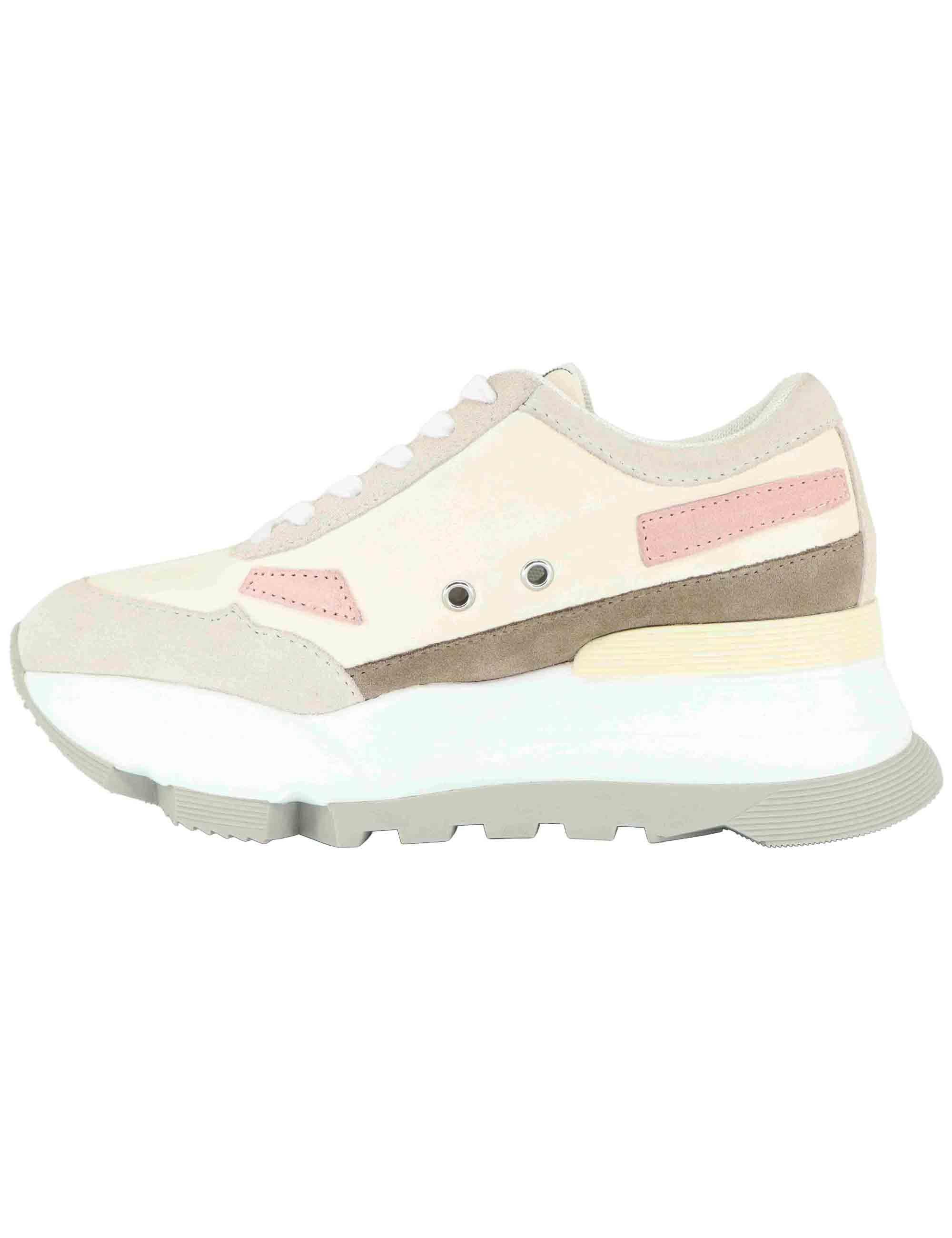 Sneakers donna in pelle e tessuto beige con zeppa alta in gomma 0304-84567 3 Ruco Line 