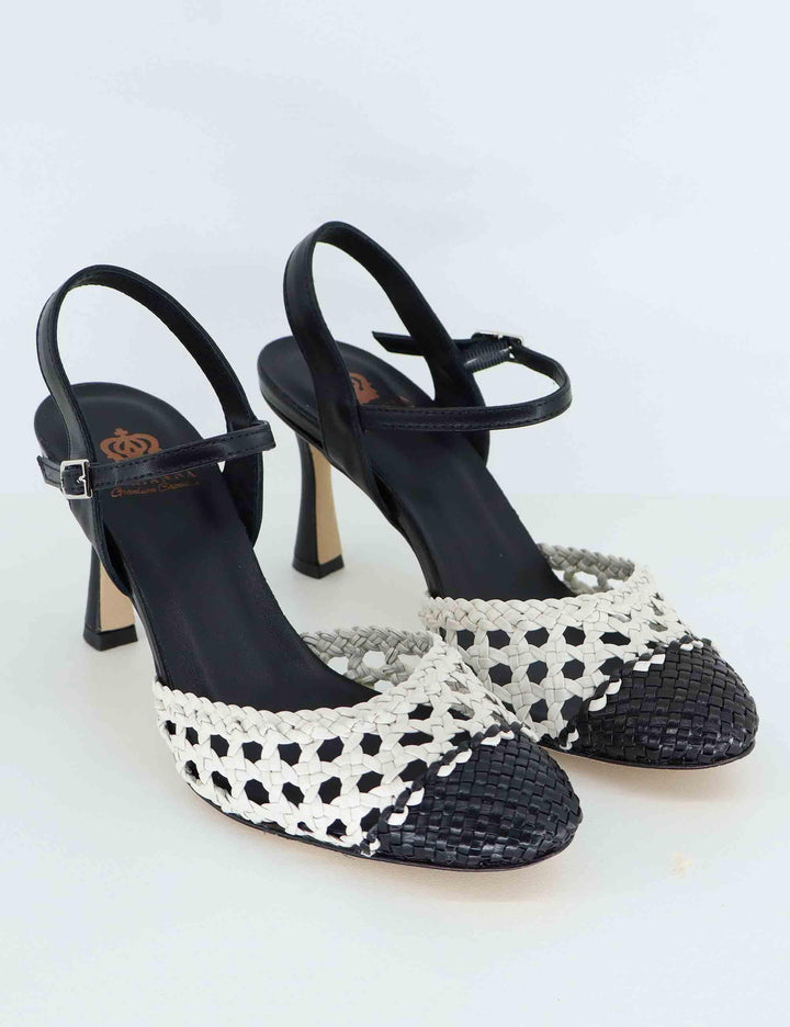 Sandali donna in pelle nera e bianca con tacco alto CH2504/RT 002 L'Arianna 