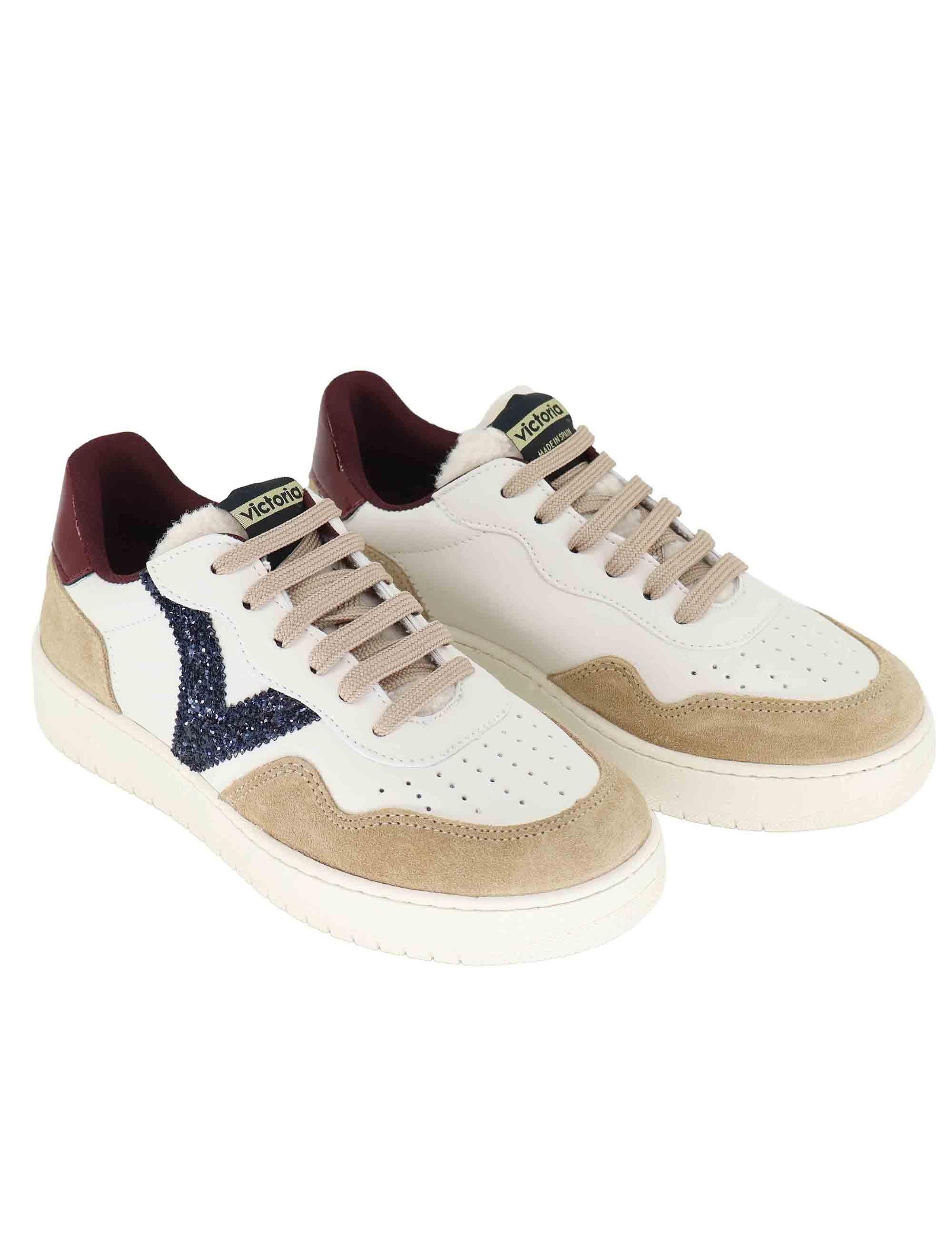 Sneakers donna in pelle bianca e camoscio con glitter 1258272 Beige Victoria 