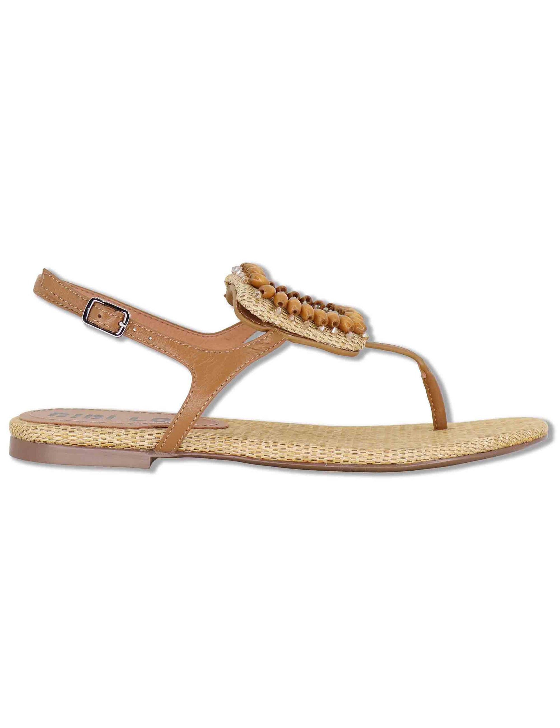 Sandali donna flat in pelle cuoio con accessorio e cinturino regolabile 640Z10VK 92-CUERO Bibi Lou 