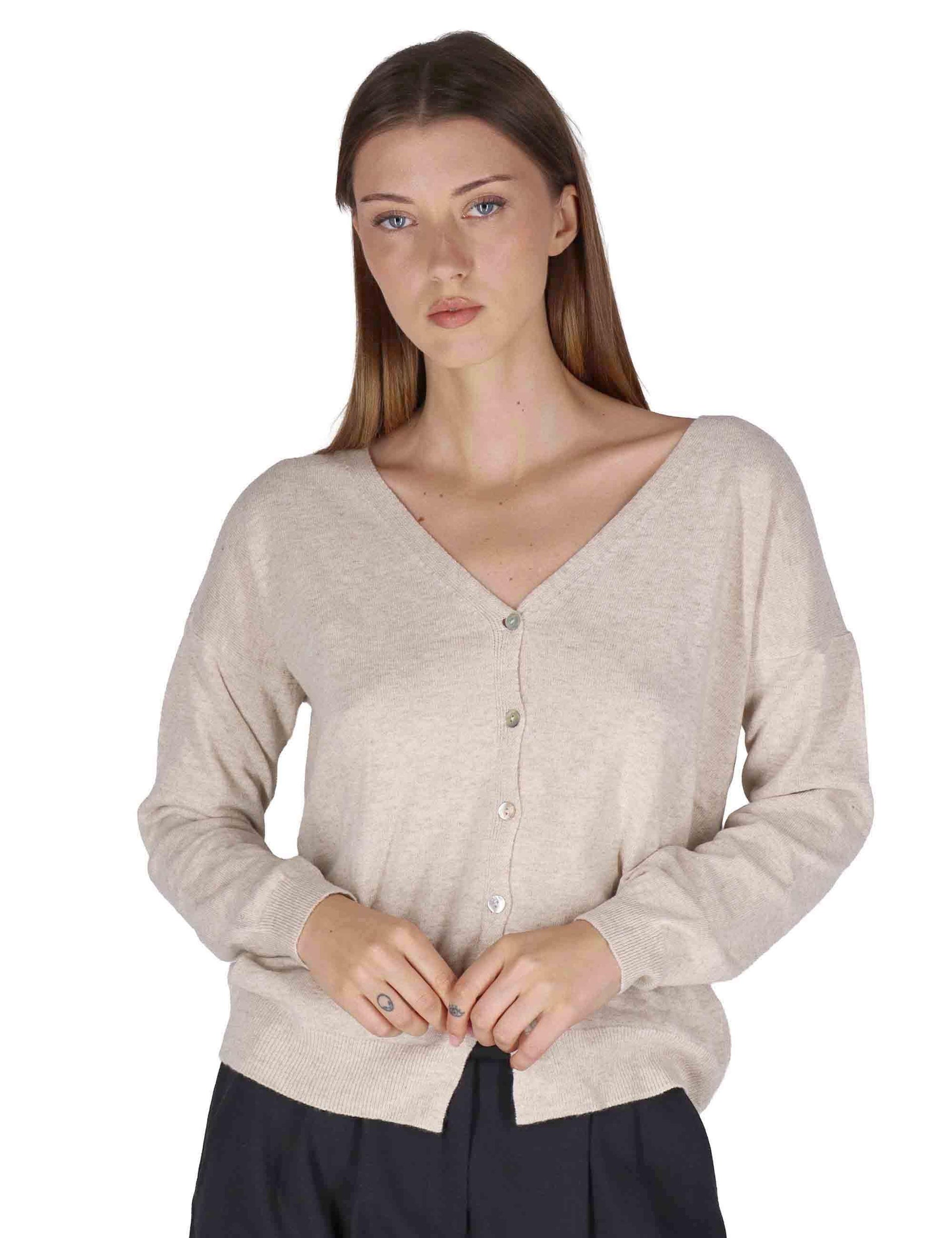 Cardigan donna  in misto cachemire taupe con scollo a V SPZ03628 089 Spatarella 