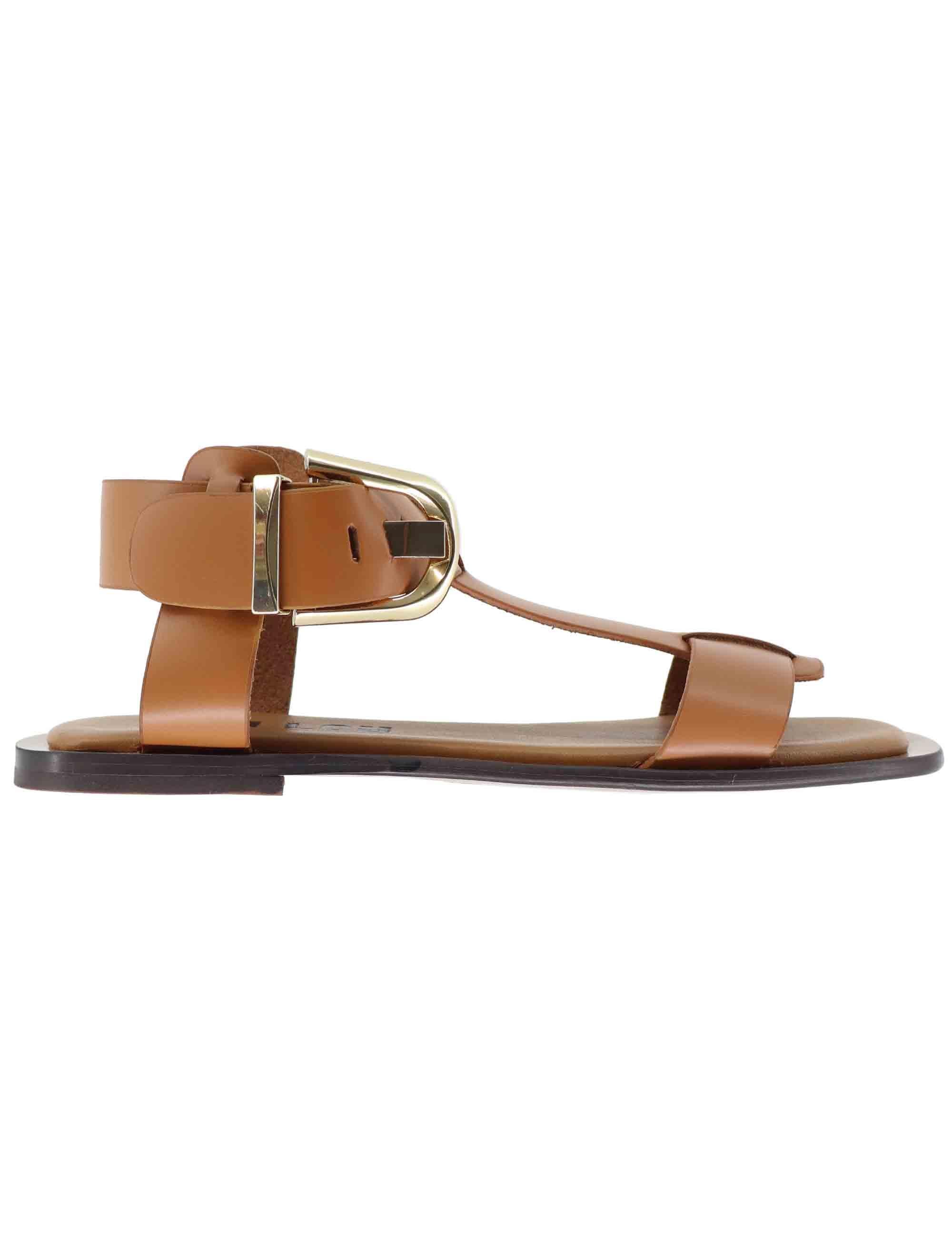Sandali flat donna Sunny in pelle cuoio con fibbia oro 901Z10AA 014 Bibi Lou 