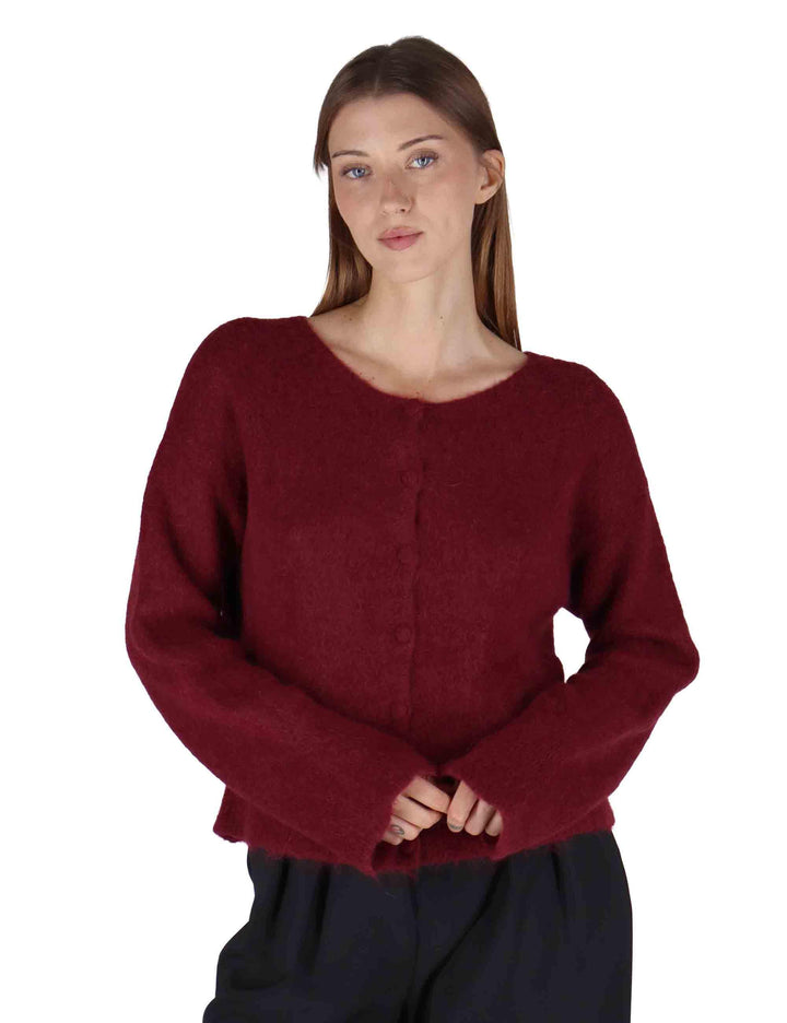 Cardigan donna in lana alpaca bordeaux a girocollo con bottoni in tinta JABMF0025-G073 4280 Justmine 