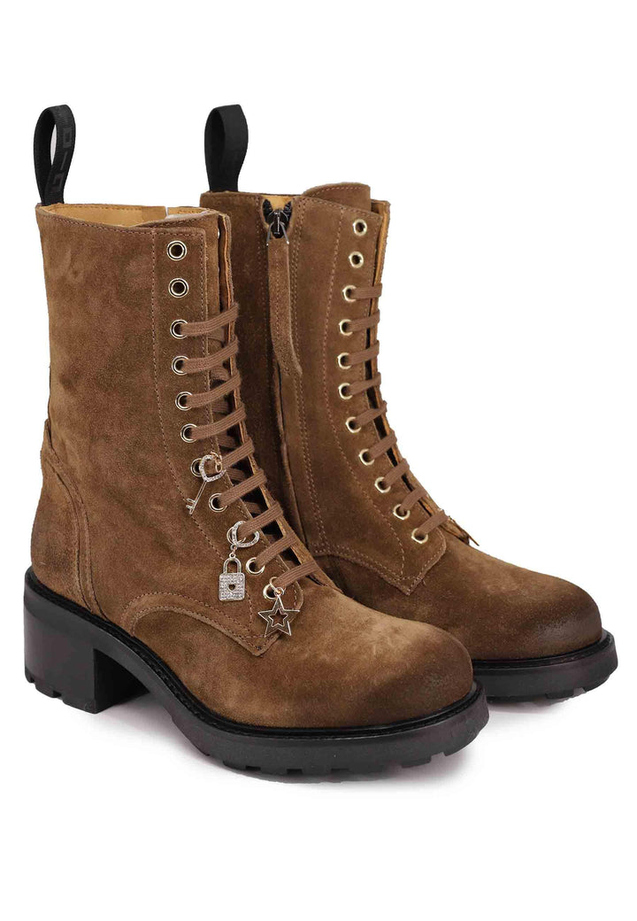 Stivaletti anfibi donna in camoscio cuoio con accessori AFRA 14TDM Gio + 