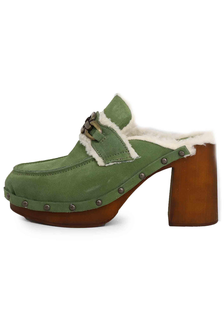 Zoccoli donna in camoscio verde con fodera in eco fur e tacco alto 8850 005 Glove 