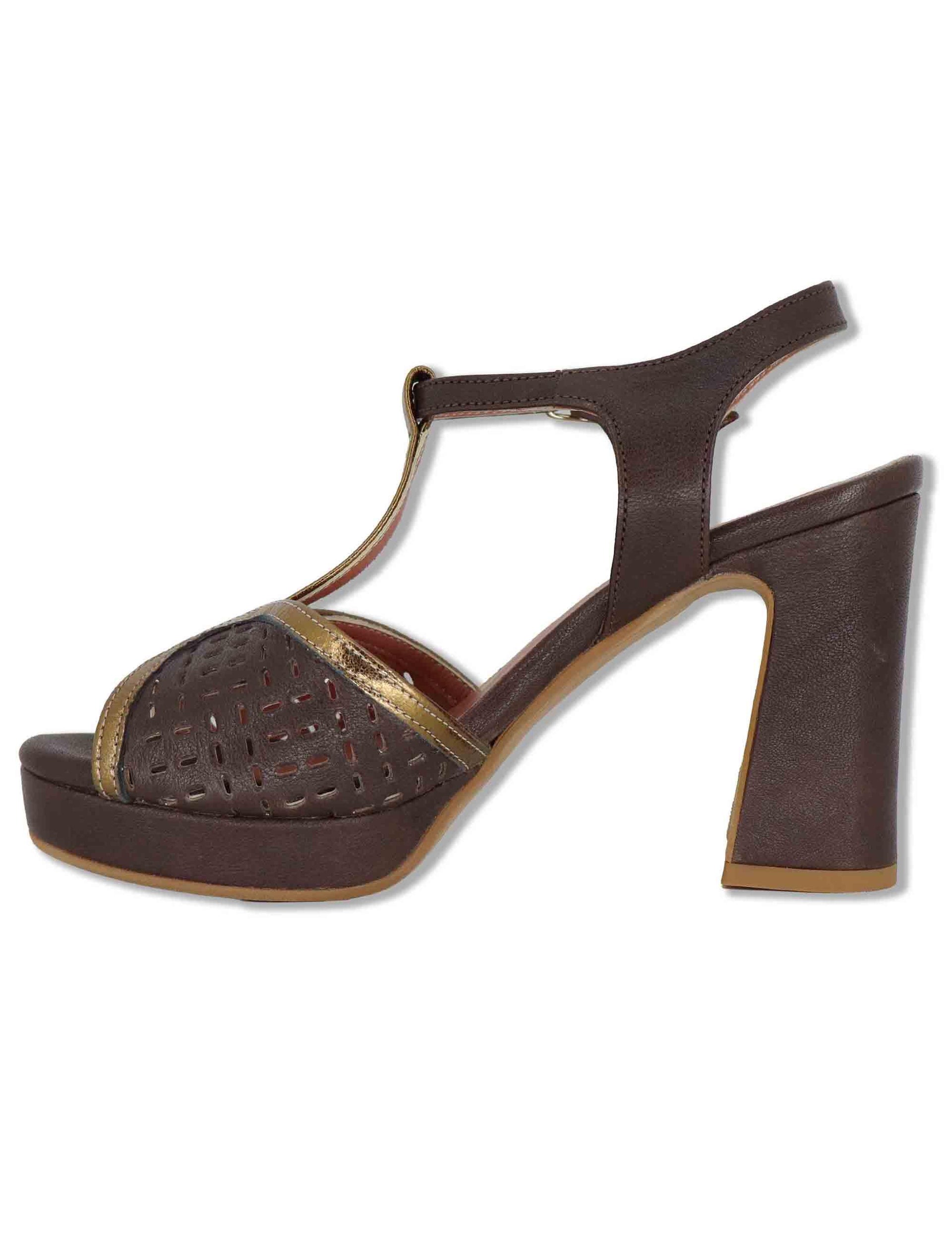 Sandali donna in pelle marrone e oro tacco alto e plateau con conturino 6267K 014 Les Venues 