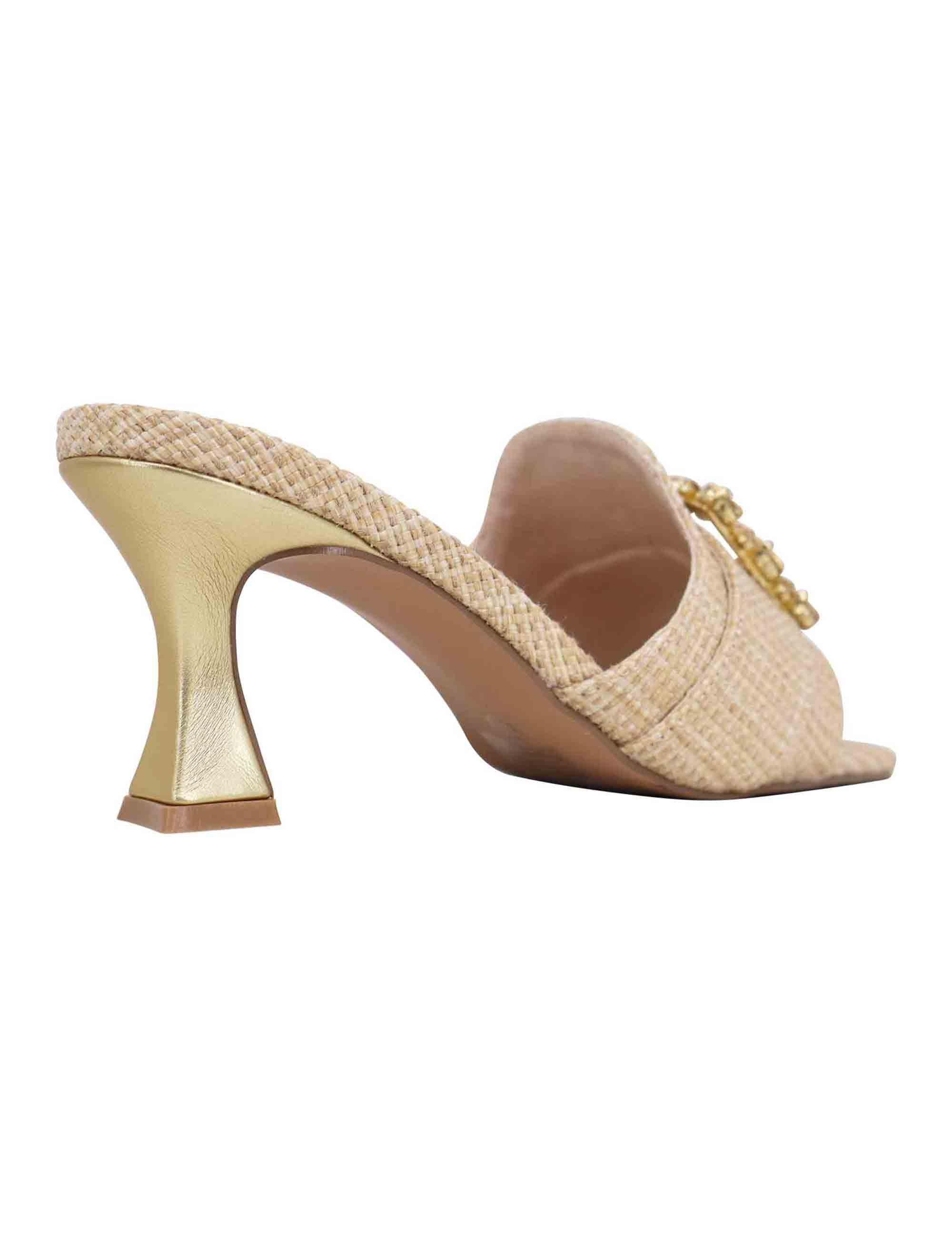 Sandali donna in tessuto rafia beige con morsetto e tacco oro S470056344A3 LUCIA 536 Exe 