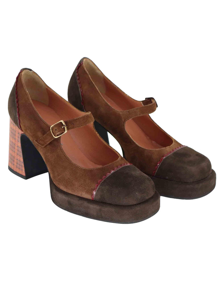 Decollete donna in camoscio marrone con cinturino e tacco alto 9619Z 014 Les Venues 