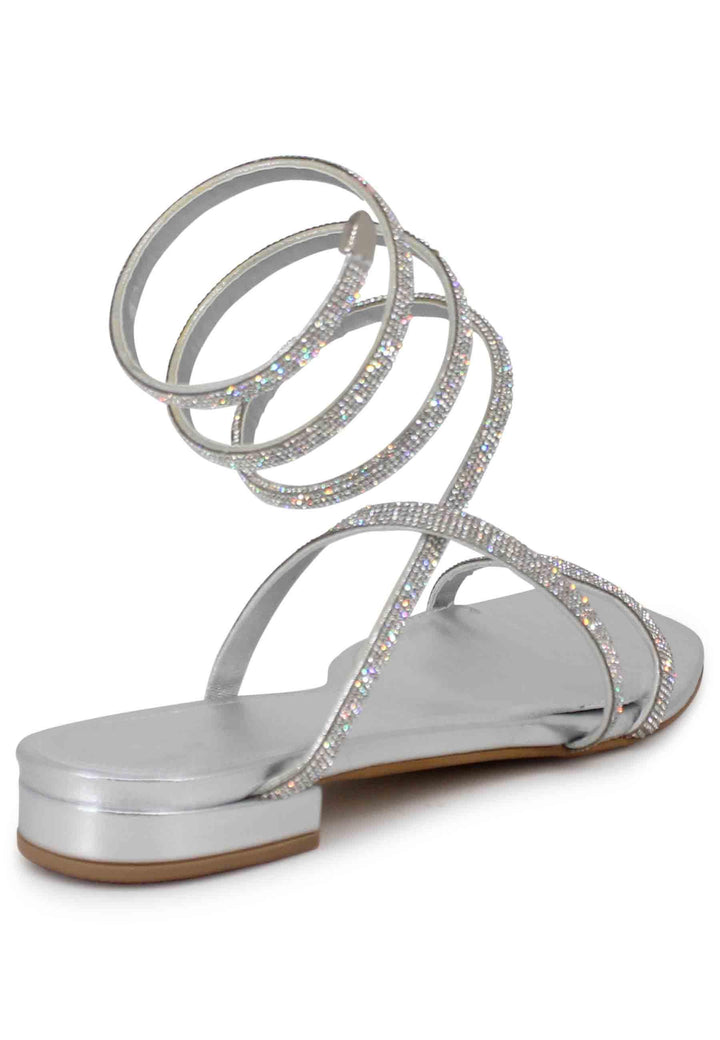 Sandali bassi donna in tessuto argento con strass e cavigliera a serpente 658 600 Tsakiris Mallas 