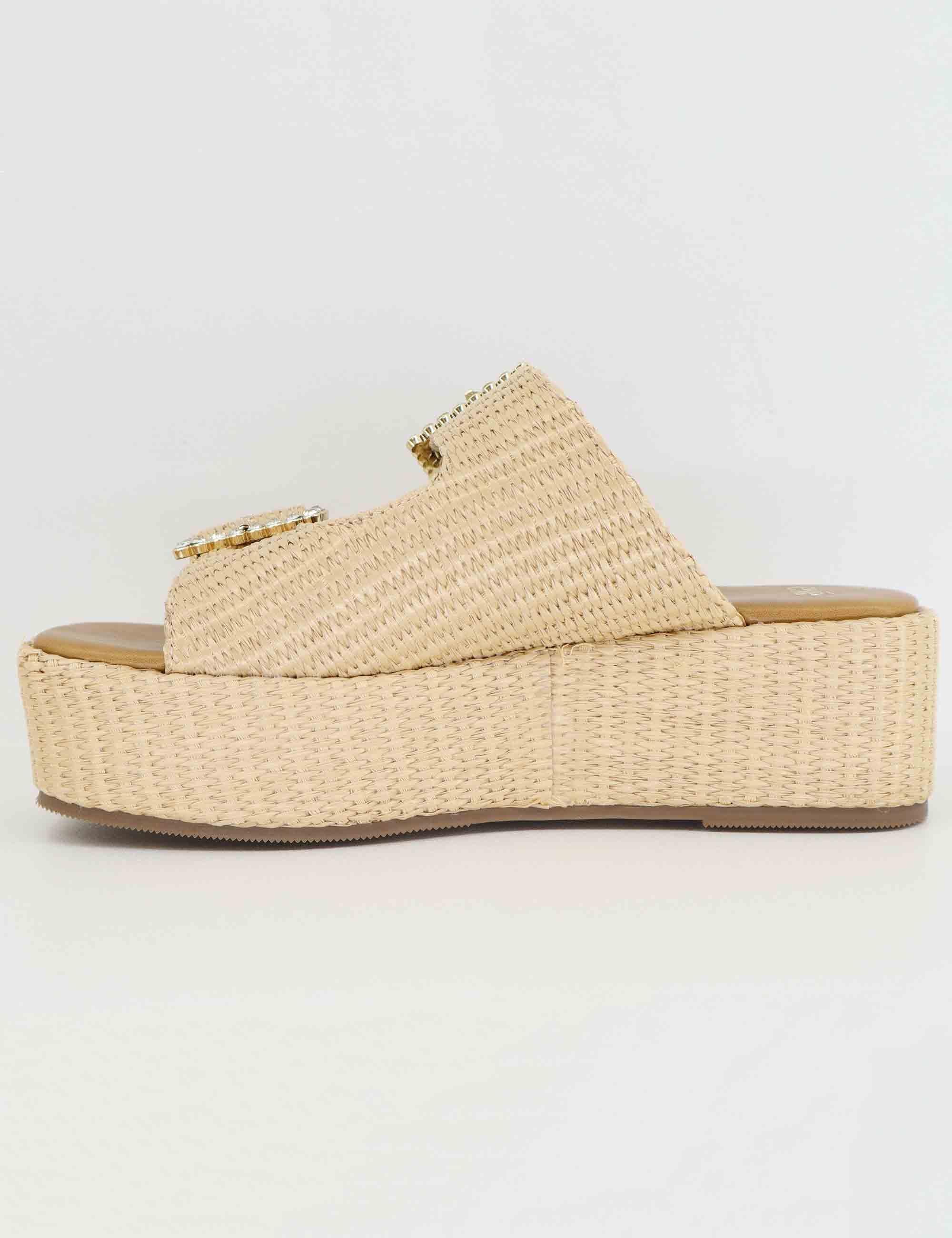 Sandali donna in rafia beige con zeppa e fibbe laterali U47002523284 3166-0 Exe 