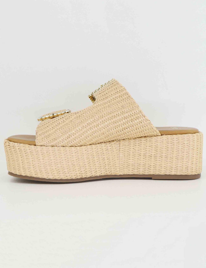 Sandali donna in rafia beige con zeppa e fibbe laterali U47002523284 3166-0 Exe 