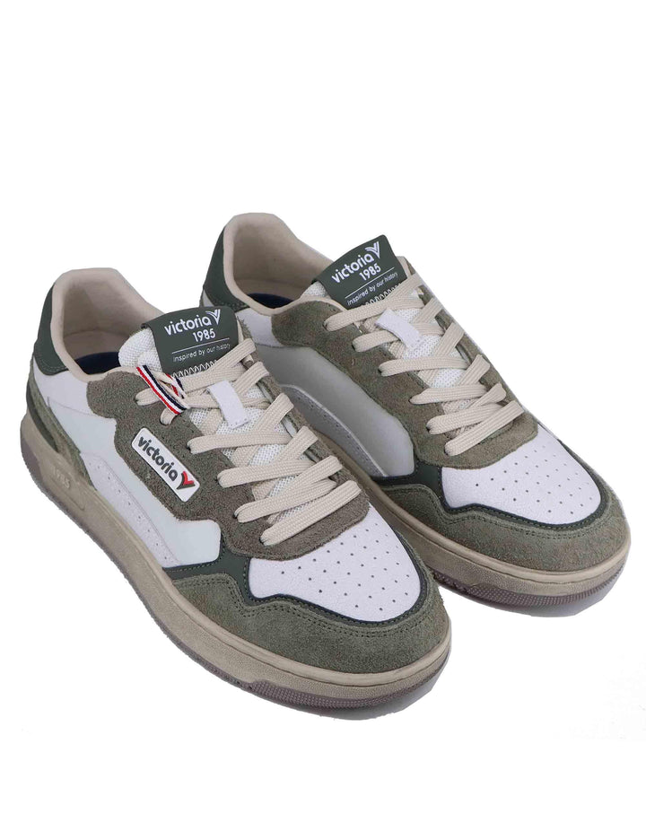 Sneakers uomo in pelle bianca con riporti verde 8800120 Kaki Victoria 