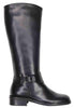 Women's black leather boots with low heel buckle