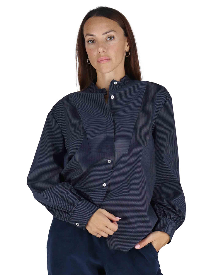 Camicie donna in cotone blu con maniche lunghe e collo alla coreana 3W25-CERRO PIN NIGHT TreBarraBi 