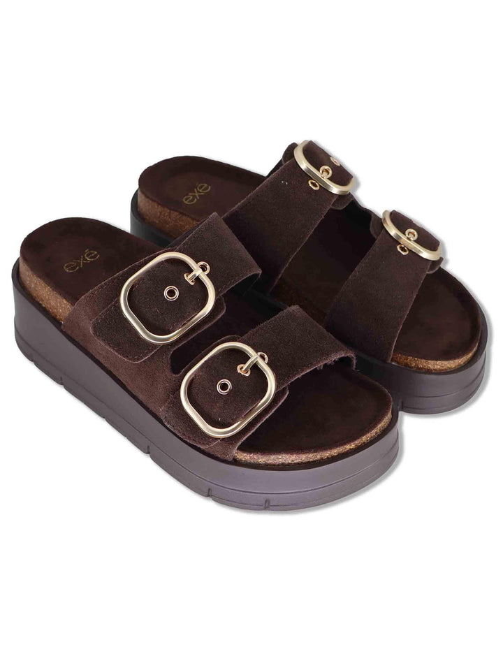 Sandali donna in eco camoscio marrone con doppia fibbia e zeppa in gomma W403R655 3504 Exe 