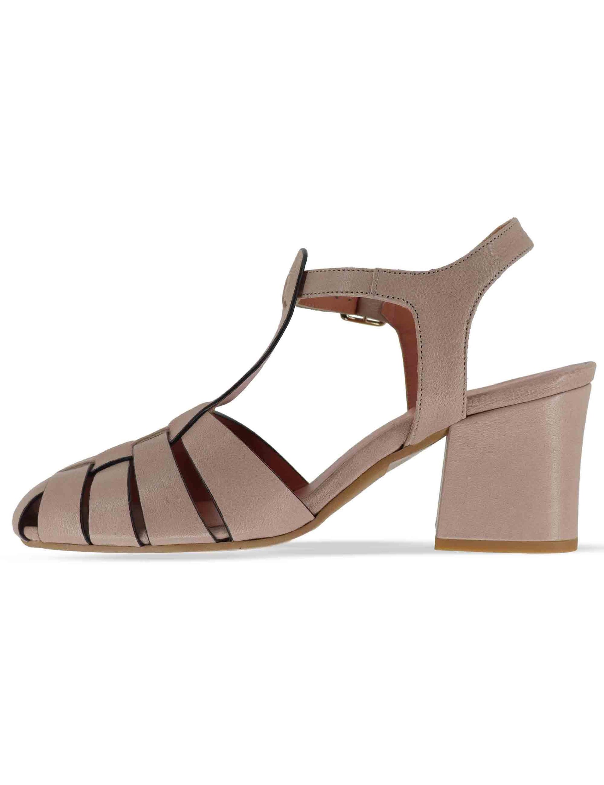 Sandali donna in pelle marrone con beige alla caviglia e tacco medio 5105P 015 Les Venues 