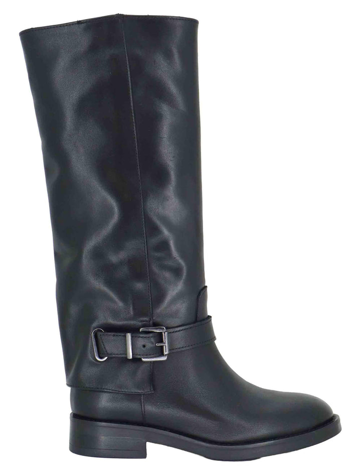 Stivali donna in pelle nera con ghetta cinturino e tacco basso SP109 001 Spatarella 