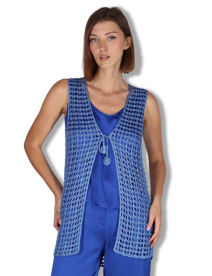 Gilet donna Metallic Lurex in cotone blu e argento con nappine JE113078213 96009 Maliparmi 
