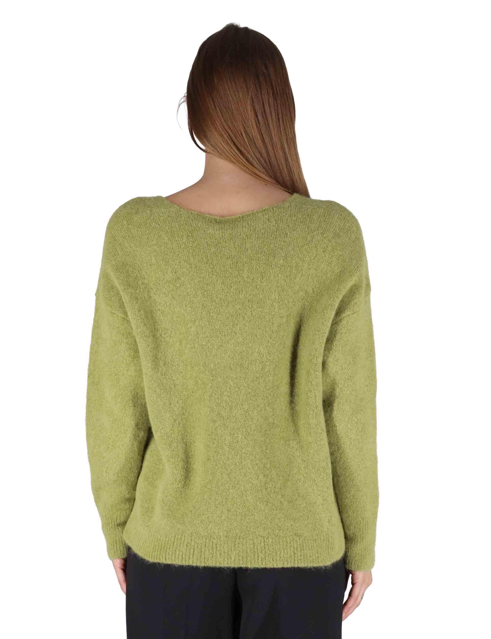 Maglioni donna in lana alpaca verde con ampio scollo a V JABMF0025-G074 7013 Justmine 