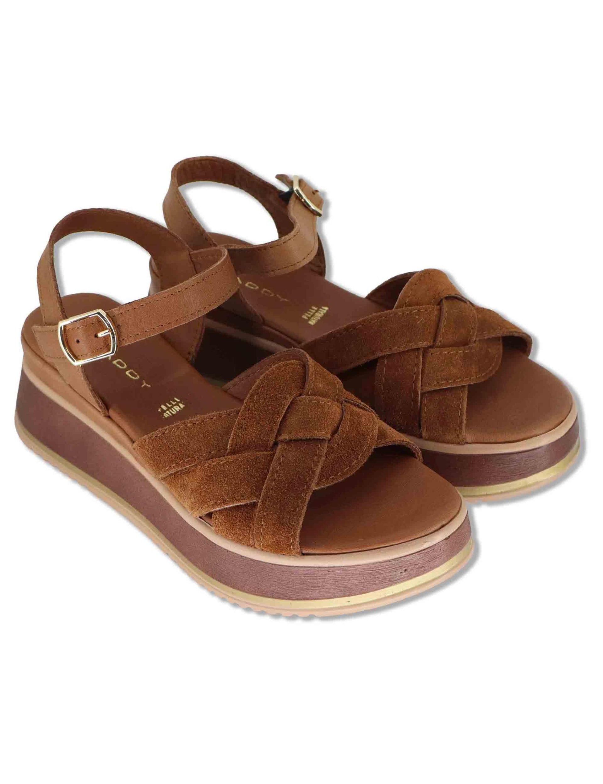 Sandali donna in camoscio cuoio con cinturino alla caviglia e zeppa in gomma SP261325 014 Spatarella 