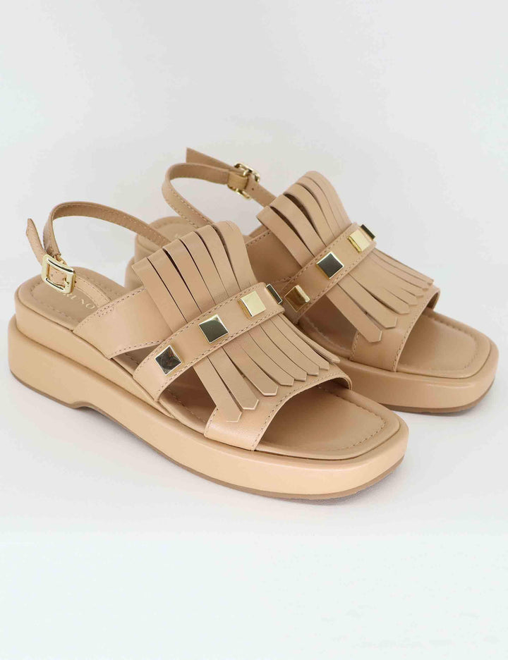 Sandali donna in pelle beige con frange e zeppa BL4903X 017G Bruno Premi 