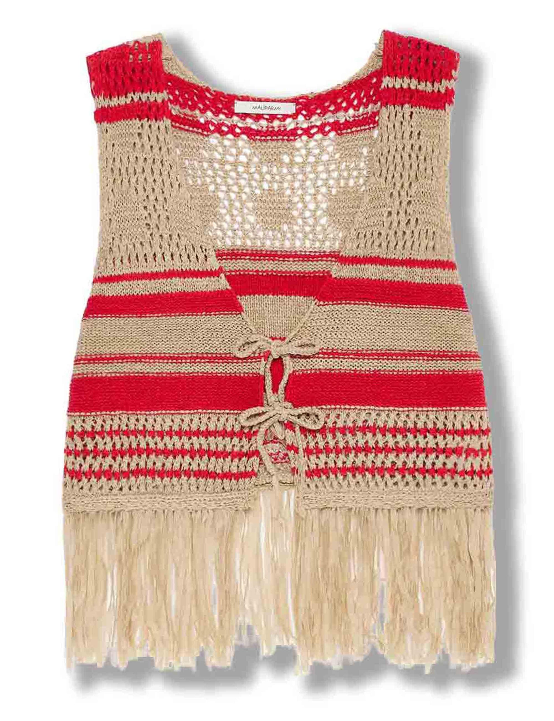 Gilet corto donna Knit Tape in tessuto rigato naturale e rosso con frange JE113078214 11B30 Maliparmi 