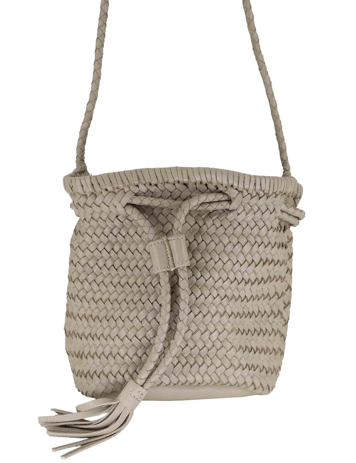 Borse donna a secchiello in pelle intrecciata sabbia con tracolla e chiusura coulisse RBS1105 052 Rehard 